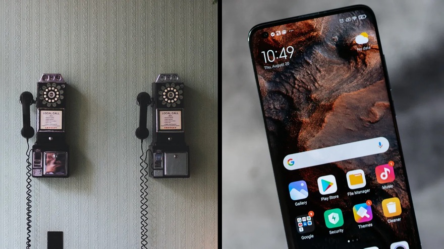 Two vintage payphones beside a modern smartphone home screen