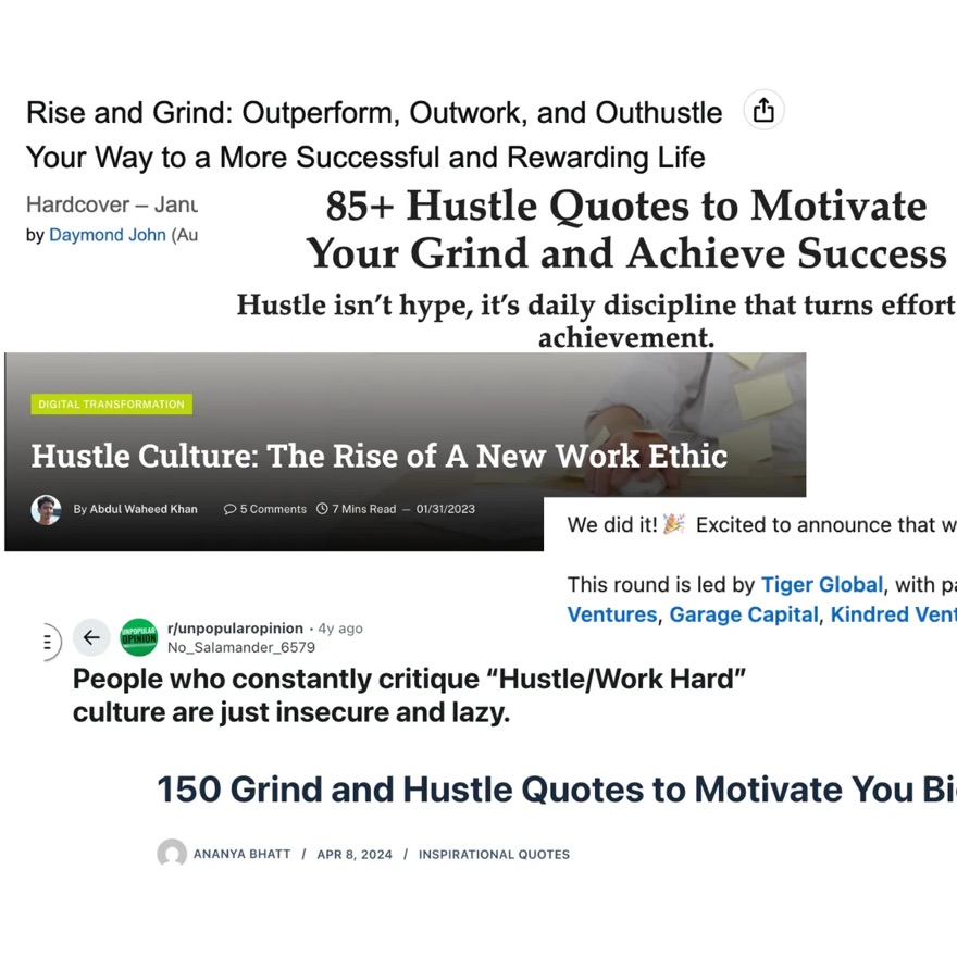 A collage of hustle culture headlines and book covers